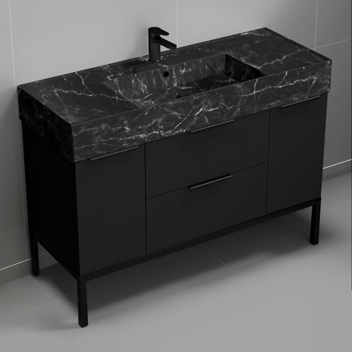 Nameeks DERIN971 48 Inch Bathroom Vanity With Black Marble Design Sink, Free Standing, Matte Black